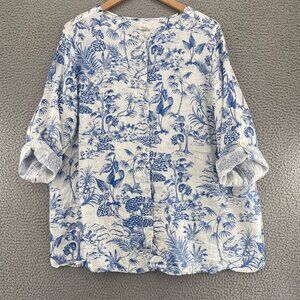 Joie Top Womens 2X Plus Blue Foliage Linen Long Roll Tab Sleeve Tunic Button Up